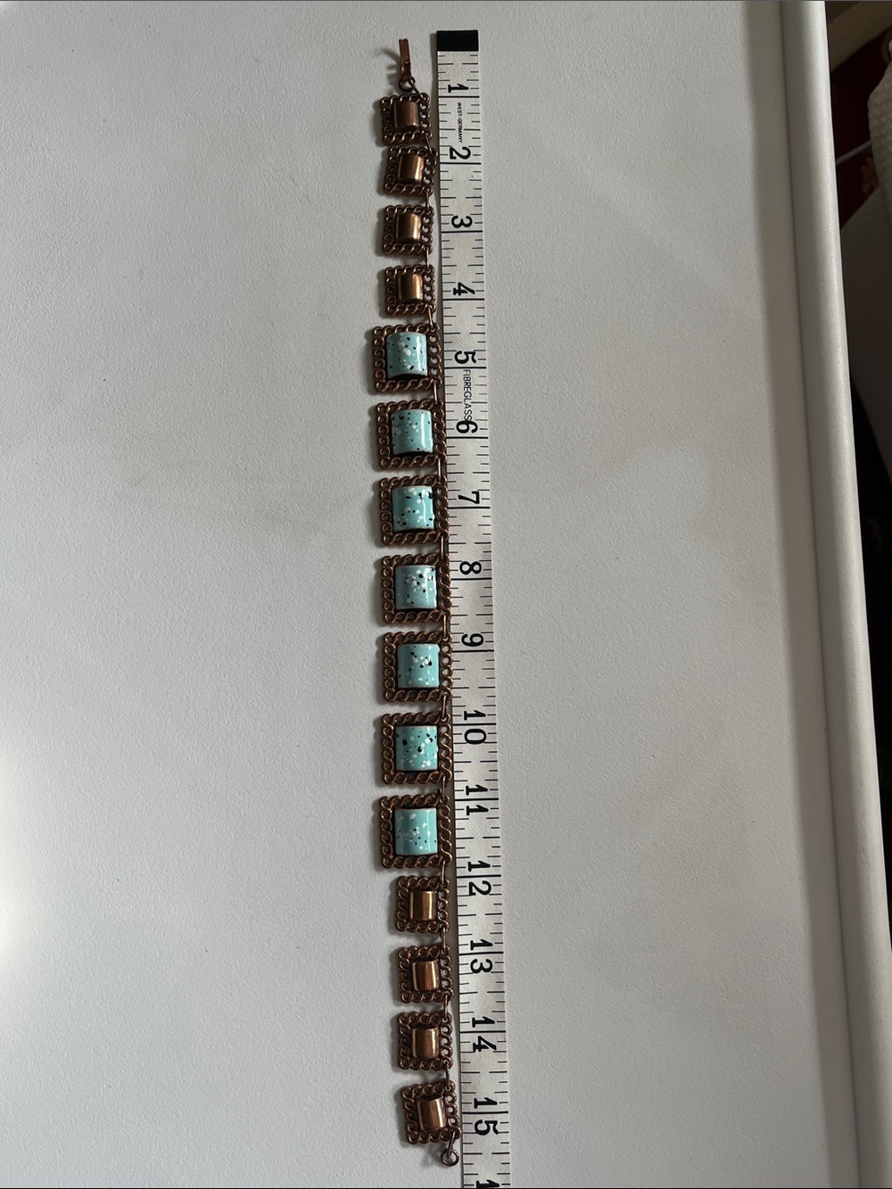Vintage Mid-Century Copper Enamel Necklace Turquoise Speckled Squares 1950s - Picture 9 of 12